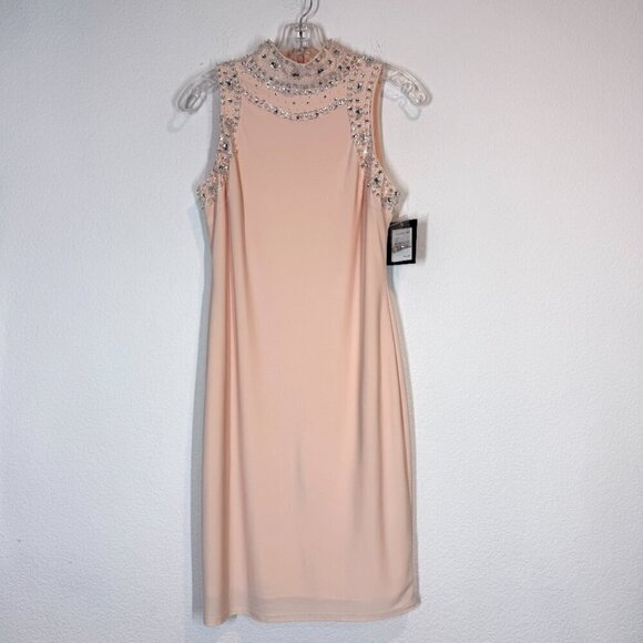 Pink Mini Cocktail Sheath Dress Sequin Rhinestone Cocktail Mock Neck 4 - Picture 1 of 13